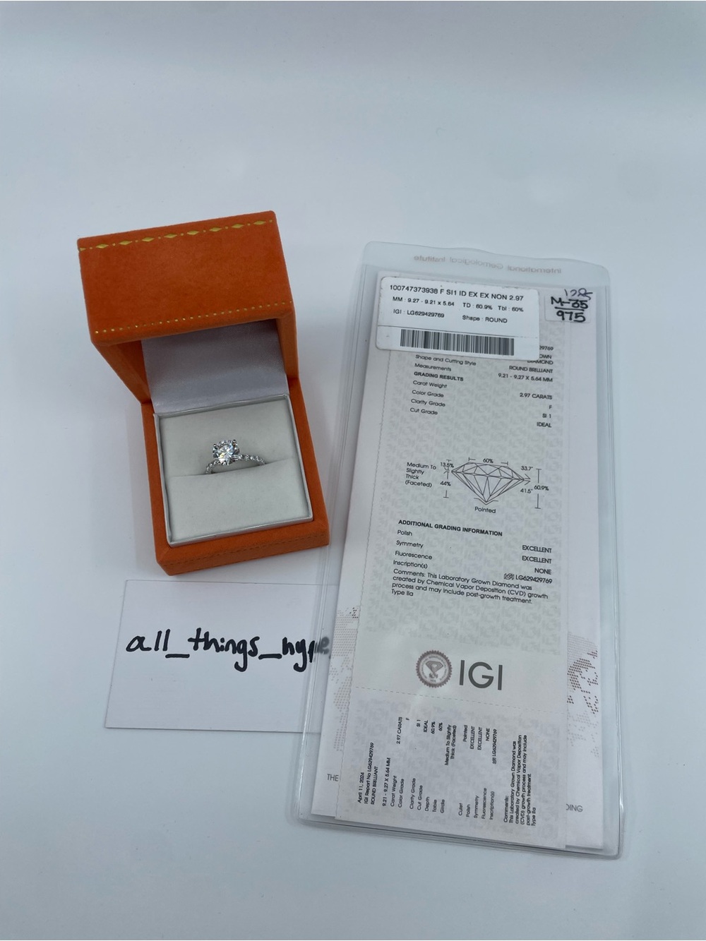 2.97CT IGI Certified F/SI1 CVD Lab Grown Diamond Engagement Ring 925 Sz 7